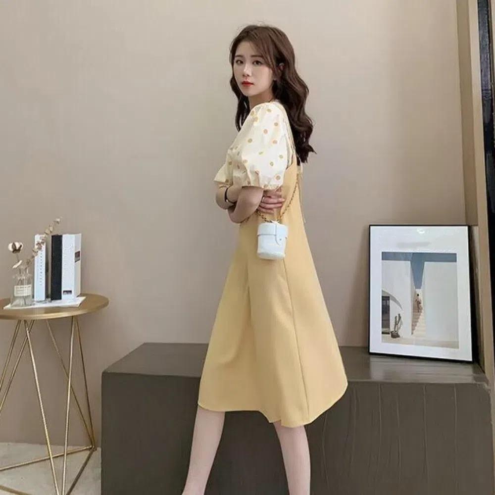 A-line Suspenders Dresses Women Dot T shirt Dress All-match Two Piece Set Dress Student