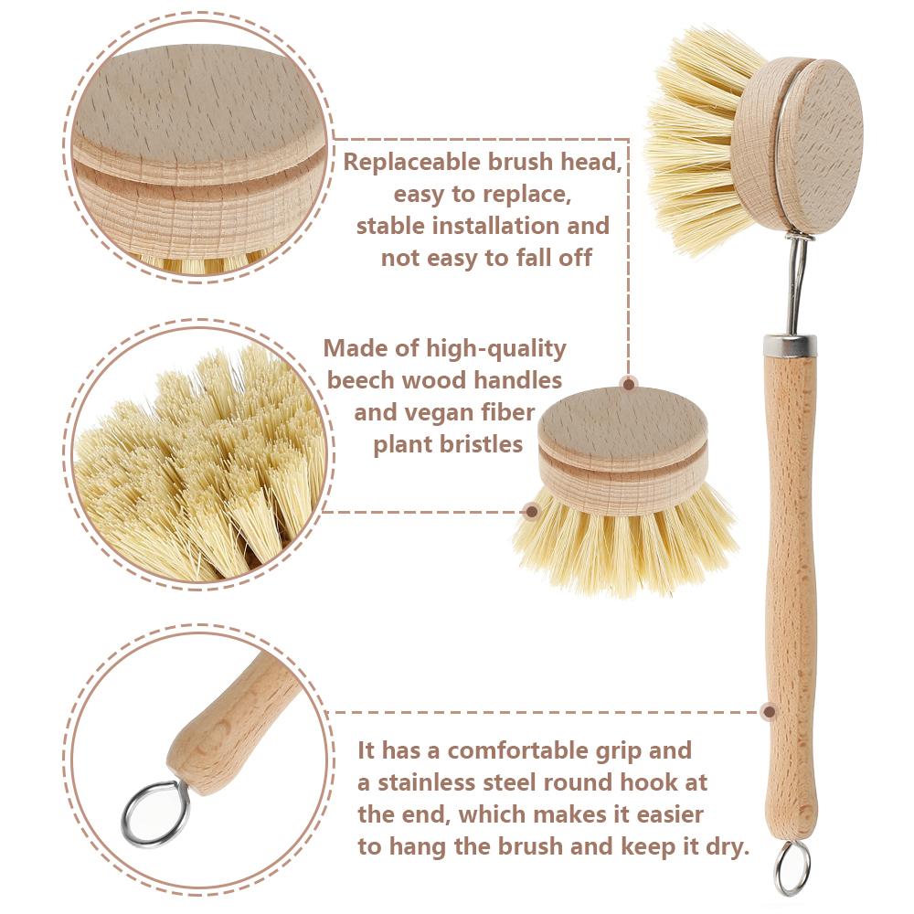 Kitchen Dish Brush Set Wooden Long Handle Pan Brush with 4 Replacement Brush Head kitchen scrubbing brush Pans Pot Brushing Tool