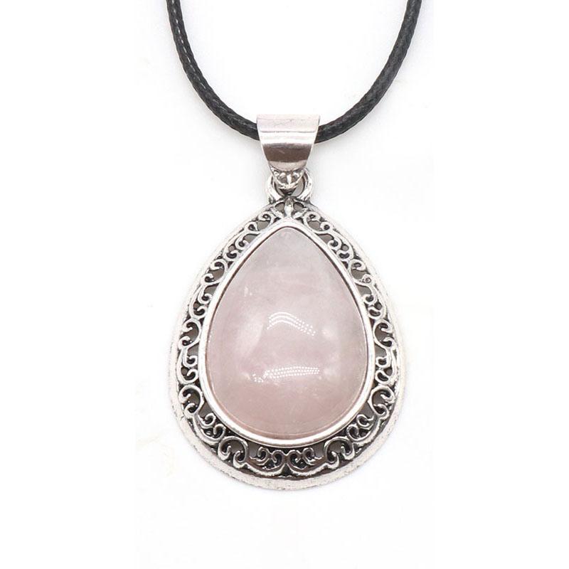 Oval Gemstone Necklace for Women Oval Pendant Semi-precious Stones Jewelry Gift for Wife Necklaces for Mom Drop Alloy Pendant