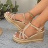 Fashion Elegant Nude Cross Strap Sandals Women 2025 Summer Crystal Buckle Wedge Heels Sandals Women Bohemia Soft Sole Beach Sandals