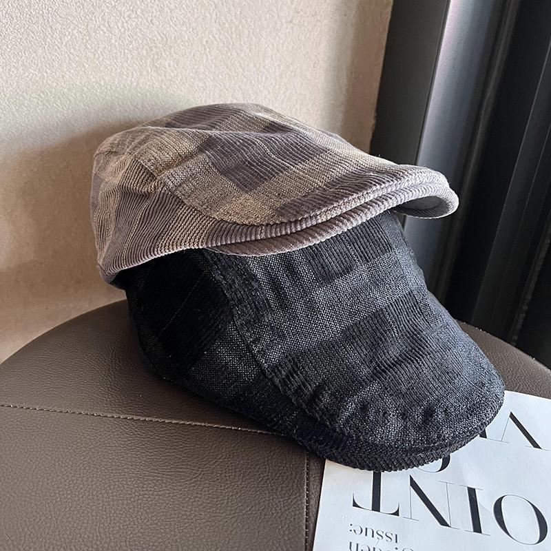 Vintage Style Corduroy Plaid Beret With Sun Shade And Warmth For Urban Fashion Enthusiasts