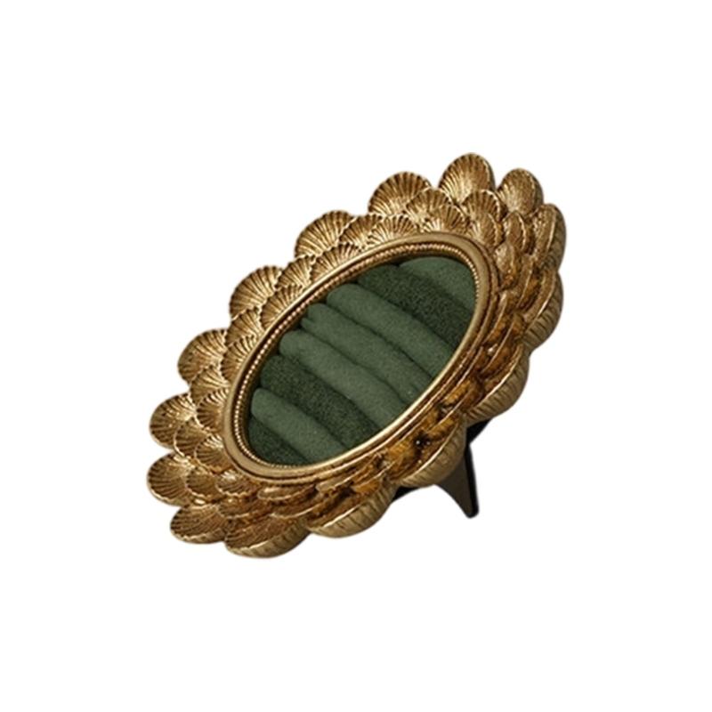 Vintage Jewelry Display Tray with Ring Slots, Gold Tone Oval Holder for Vanity Display and Photography Styling