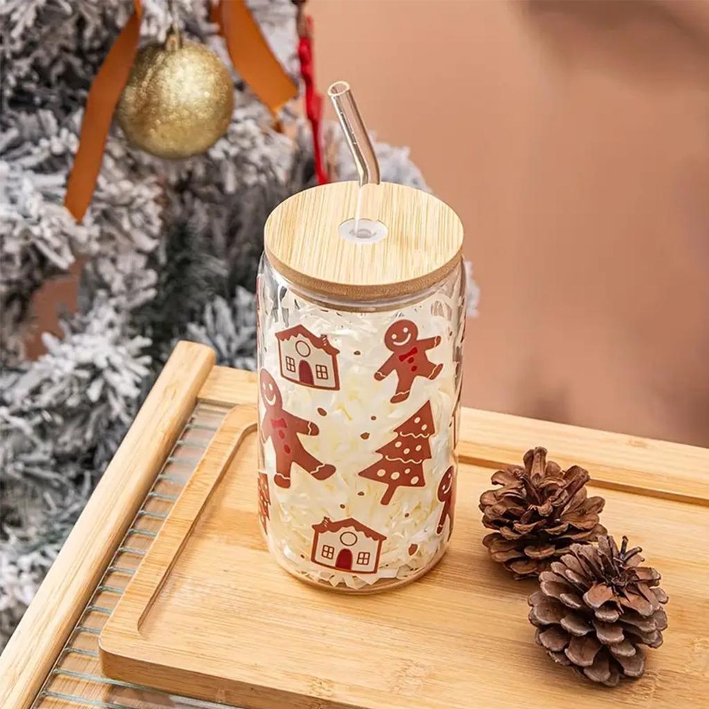 16oz Gingerbread Man Pattern Transparent Drinking Glass Can High Borosilicate With Bamboo Lid Uv Custom Sticker Christmas Gift