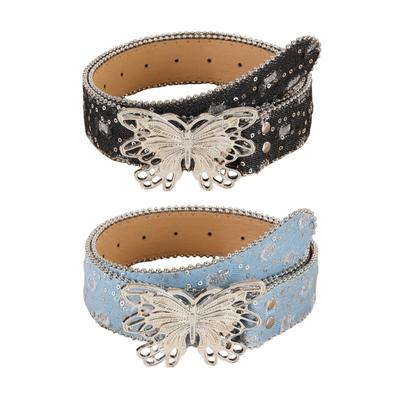 Punk PU Waist Belt for Jean Heavy Duty Hip Hop Belt Waistband Glinting Buckle with Encrusted Butterfly