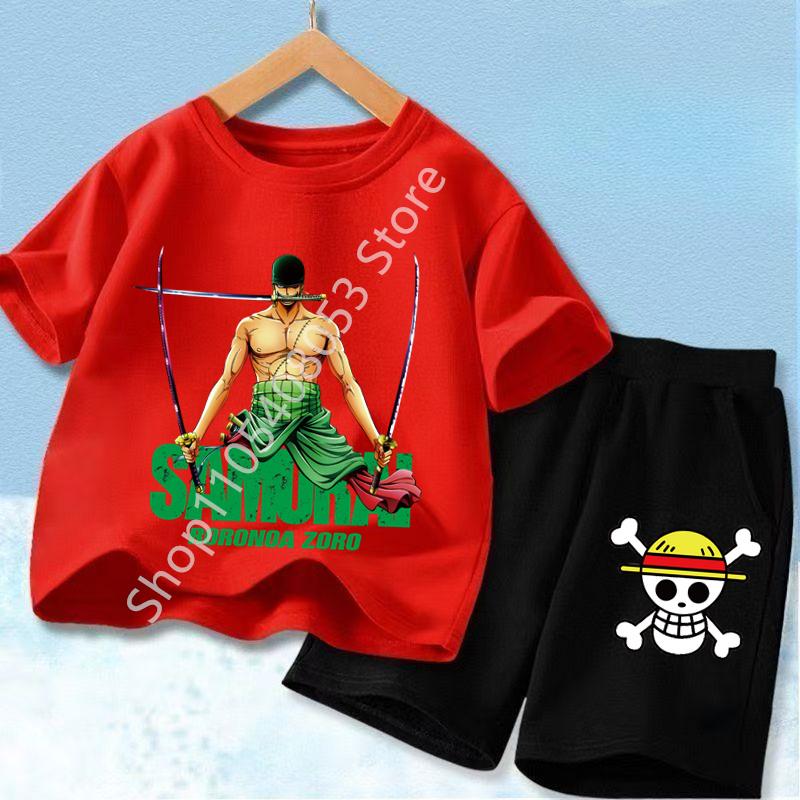 Summer Children Short Sleeve Clothes Set Anime Boy Girl T Shirt Shorts 2pcs One Piece Kids Outfit Chopper Luffy Tracksuit Suit