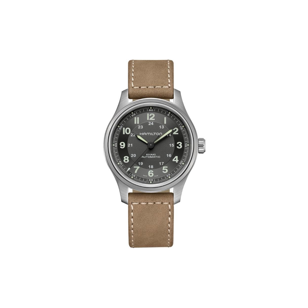 Hamilton Men's Black Khaki Field Series Automatic Mechanical Movet Lightweight Practical Watch 42Mm Dial Titanium Case Leather Strap H70545550