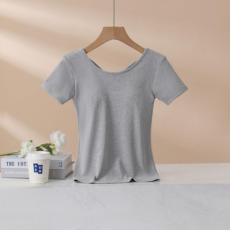 Dámské tričko s krátkým rukávem bez podprsenky - Čistá bavlna, Všitá podprsenka, Krásná záda, Zeštíhlující střih, Letní top