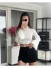 Women Textured Mock Neck Flare Long Sleeve Crop Top Elegant Preppy Style Y2K Rib Knit Slim T Shirt Blouse