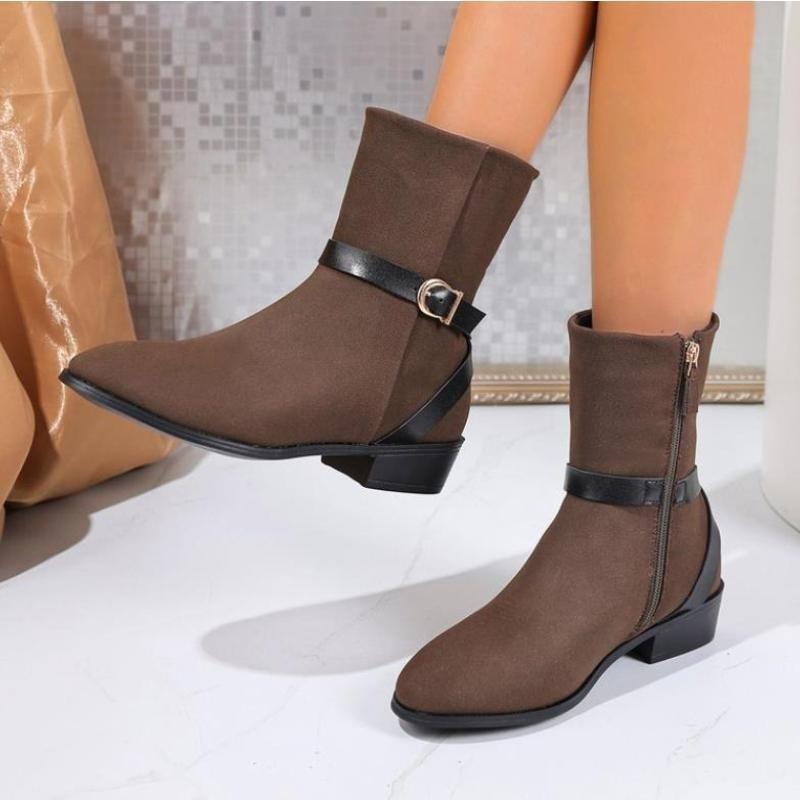 Classics Suede Short Boots Woman Round Toe Mid Calf Boots Flat Shoes Women Belt Buckle Boots Winter New Women Ankle Boot