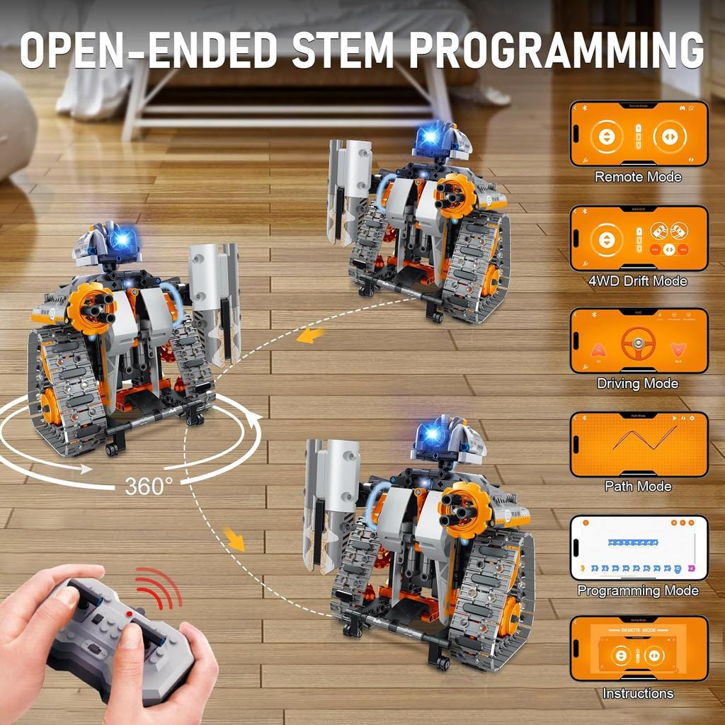 5 in 1 STEM Building Set with LED Light, APP & Remote Controlled Cars Building Toys Kit, RC Robot Tank Sleigh Tracked Racer 554 PCS, Toy Gifts for