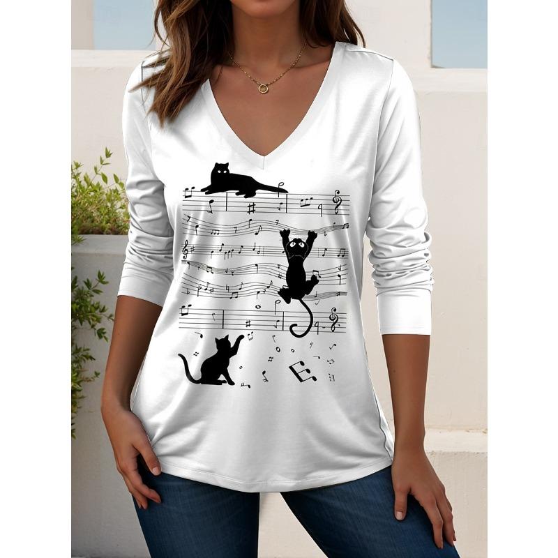 Women's T-Shirts Music Festival Graphic Elegant Fashion Tees Long Sleeve T-shirts V-Neck Regular Tops Casual Pullover Fall
