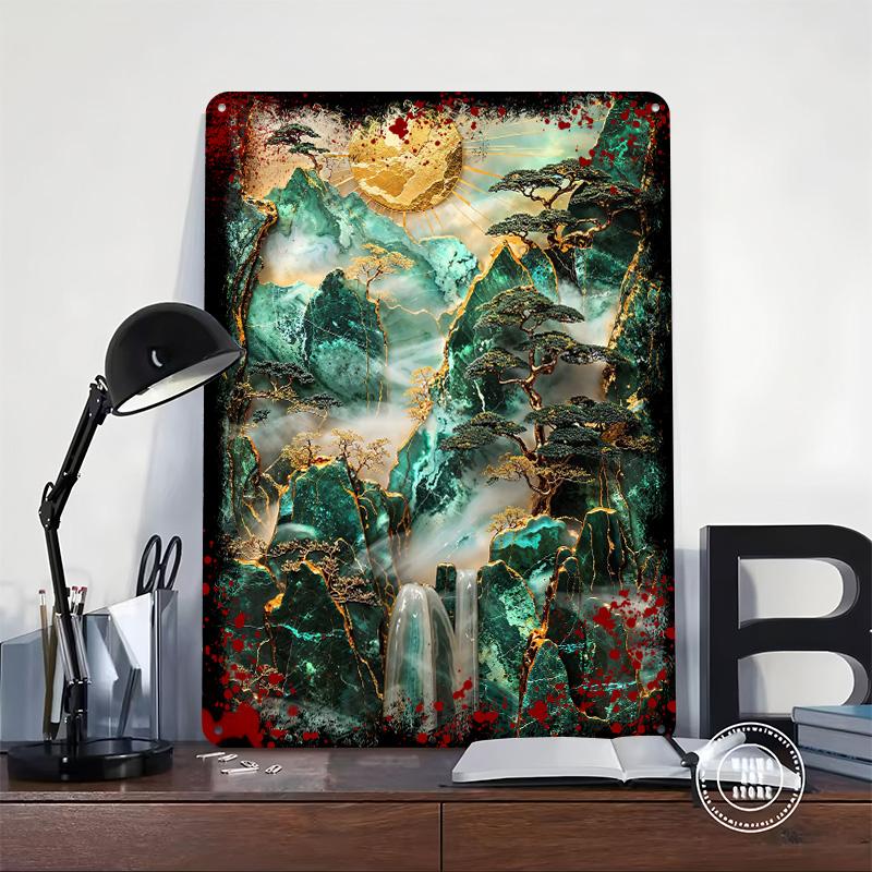 Misty Mountain Sunrise Printed Poster Customized Wall Art Retro Vintage Metal Tin Signs for Home Interior Decoration Living Room
