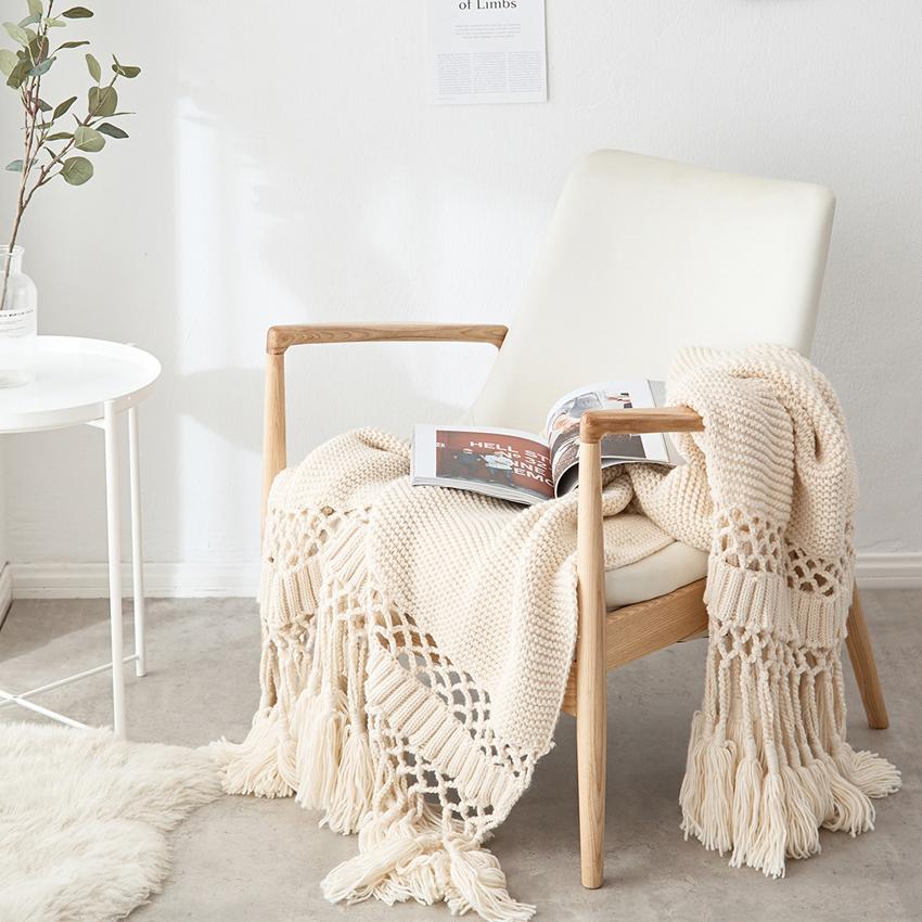 Knitted Blankets for Bed Sofa Bohemian Blanket with Tassel Thick Warm Crocheted Bedding Throw Cover for Travel Picnic Office Nap
