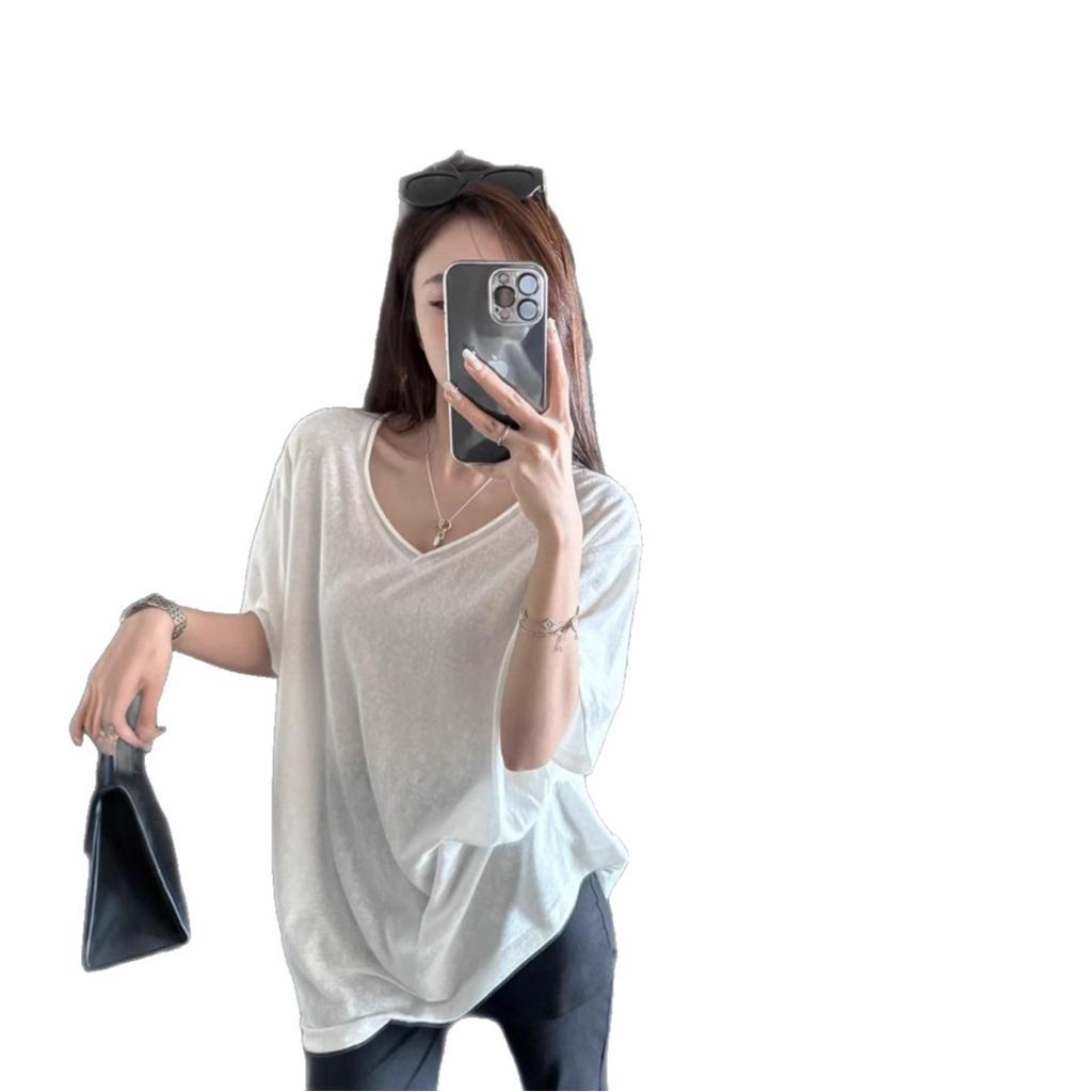 Slack Snowflake Texture Curled V-neck Short-sleeved T-shirt Women's Summer New Lazy Wind Versatile Thin Top