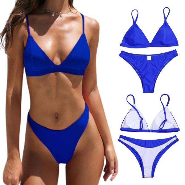 Sexig Baddräkt för Kvinnor, 2-delad Bikini med Spagettiband, V-ringning, Push-up, Vadderad, Enfärgad, Låg Midja, Högt Skuren, Badkläder