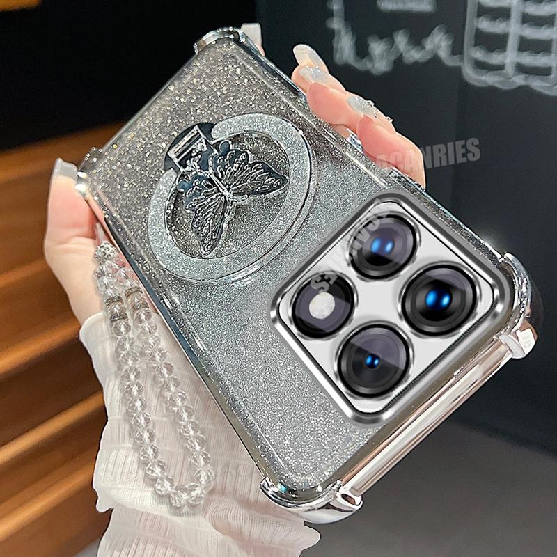 

Xiaomi14t Clear Lanyard Butterfly Holder Case On For Xiaomi Mi 14t Pro Plating Shockproof Silicone Stand Cover Mi14t Mi14tpro Xiaomi 14t