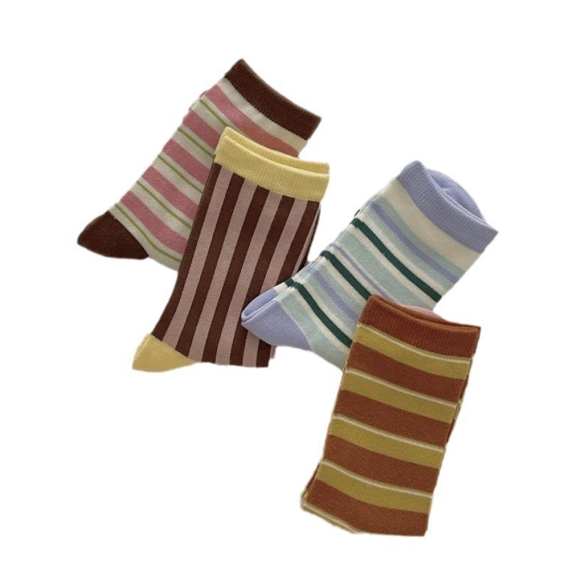 Korean Contrasting Striped Rolled Socks Are Simple And Sweet, Retro Preppy Style Versatile Mid-Leg Socks Are Thin In All Seasons