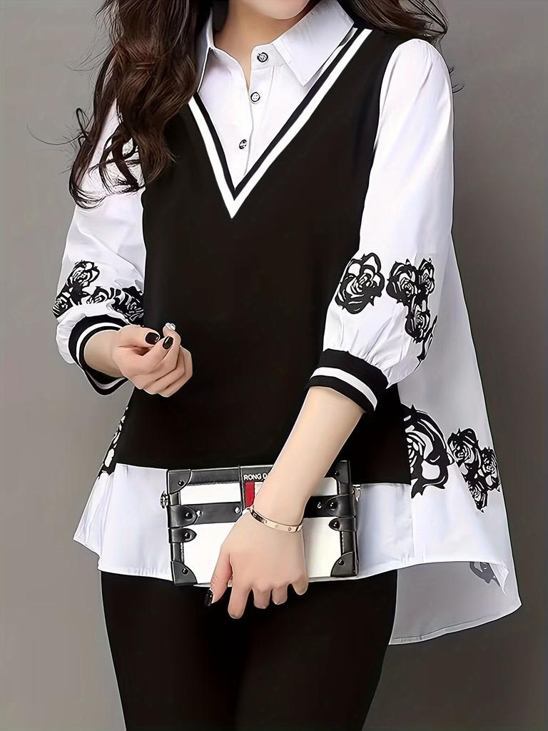 2 In 1 Button Front Blouse, Elegant 3/4 Sleeve Blouse for Spring & Fall, Women's Clothing
