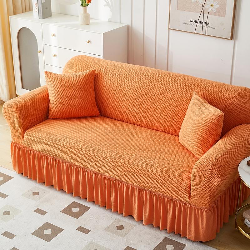Solid Color Thick Sofa Cover for Living Room Elastic Jacquard 1/2/3/4 Seater Sofa Cover With Skirt