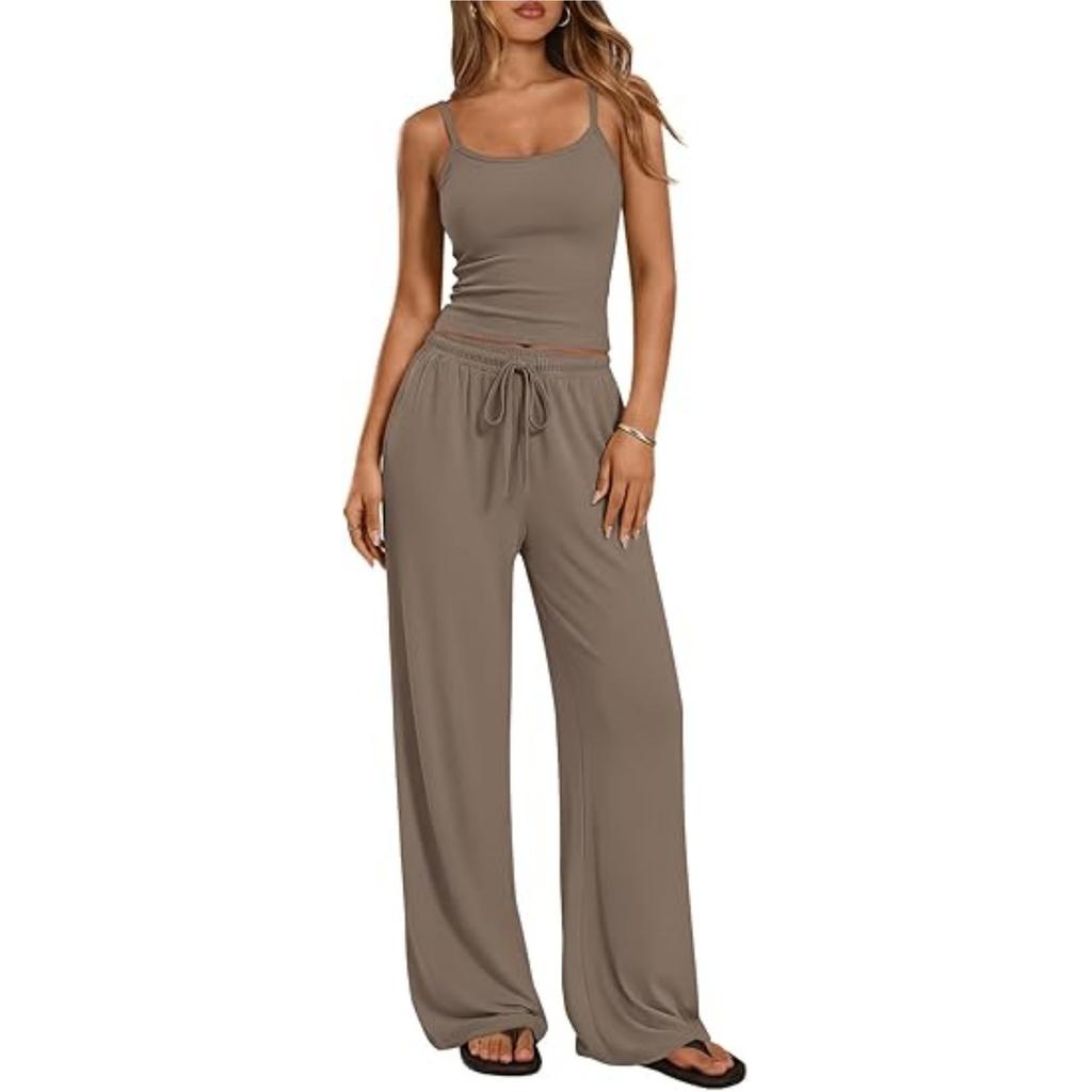 Women's Loose Fit Two-piece Loungewear Set Sleeveless Spaghetti Strap Camisole Drawstring High Waist Wide Leg Pants Matching Tracksuit
