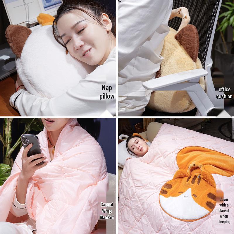 Cartoon Cat 2-in-1 Tote Pillow & Blanket for Car, Office, or Home