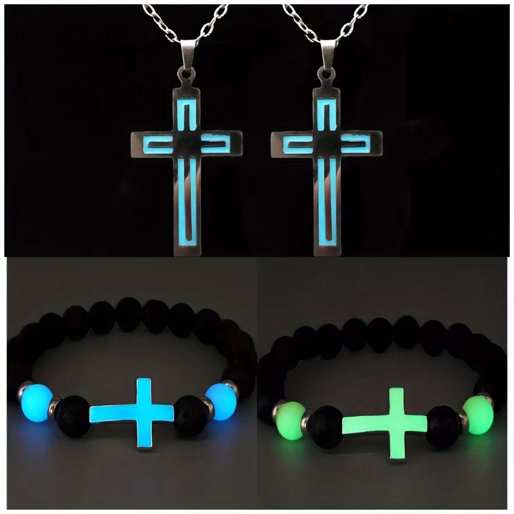 Luminous Volcano Stone Bead Bracelet Retro Cross Bangle Geometric Men’s Beaded Bracelet Party