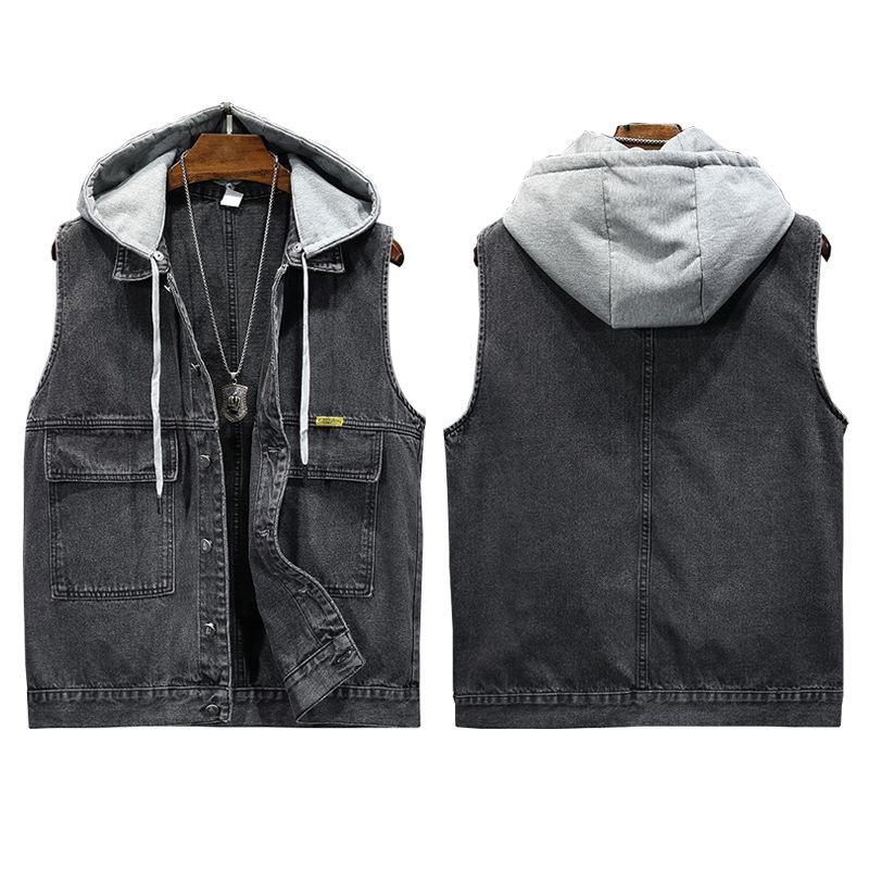 

Men s Cross-Border Trendy Warm Denim Vest with Detachable Hood and Thick Velvet Lining XXL