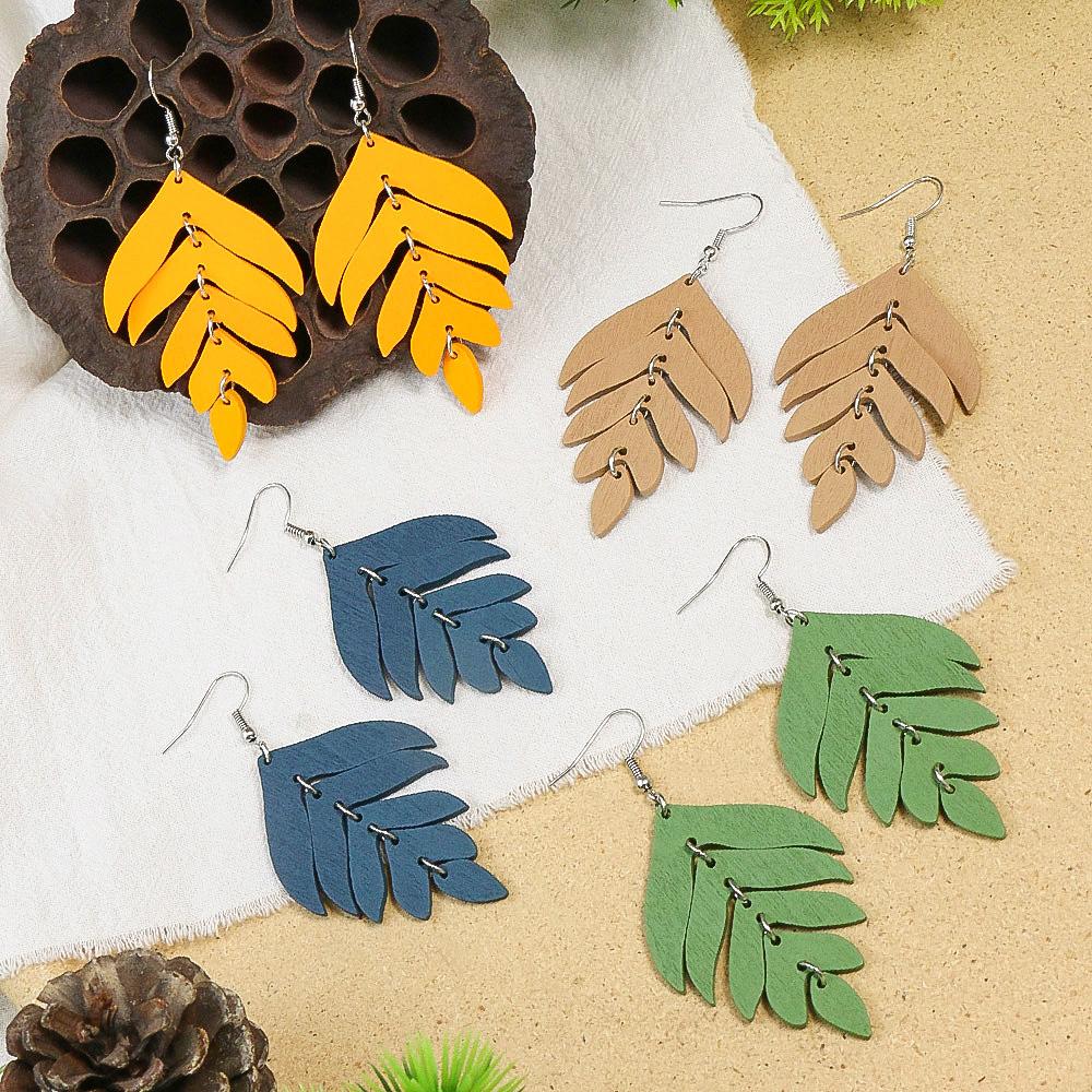 Fashion Cutting Laser Wooden Drop Earrings Set Ethnic Cute Beautiful Leaf Feather Geometry Colorful Hanging Dangle Zircon