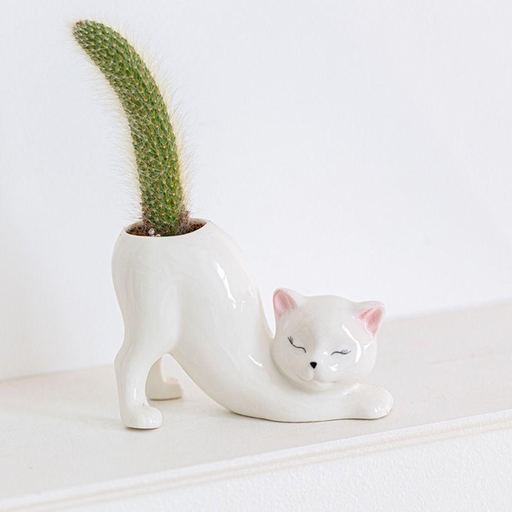 Handicraft Cat Tail Column Flower Pot Ceramic Animal Figurines Sculpture Succulent Flowerpot  Home