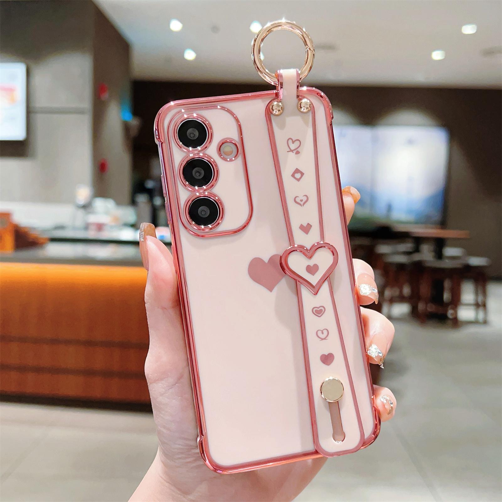 

For Samsung Galaxy S24 Case TPU Phone Cover Electroplate Heart Design with Wristband Pink