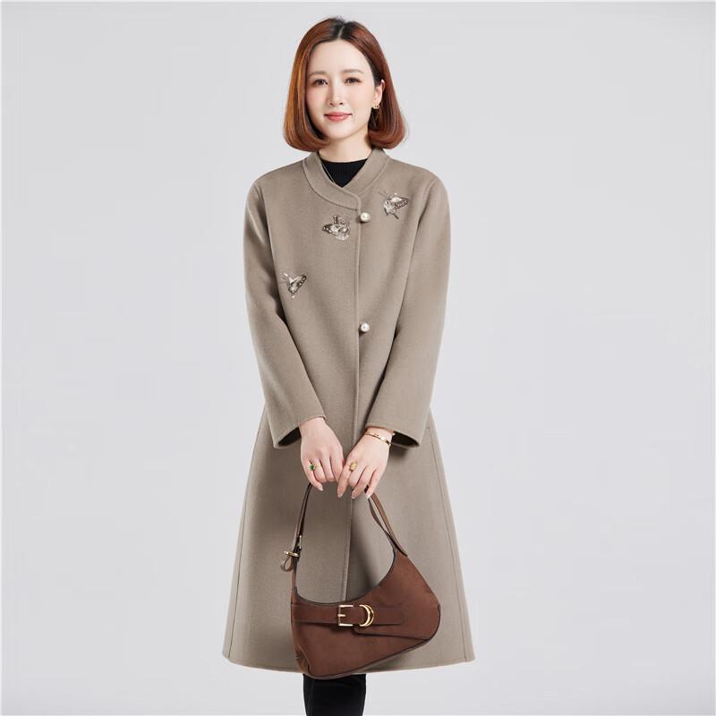 FENGXUN Women's Mid-Length 100% Wool Embroidered Double-Faced Coat