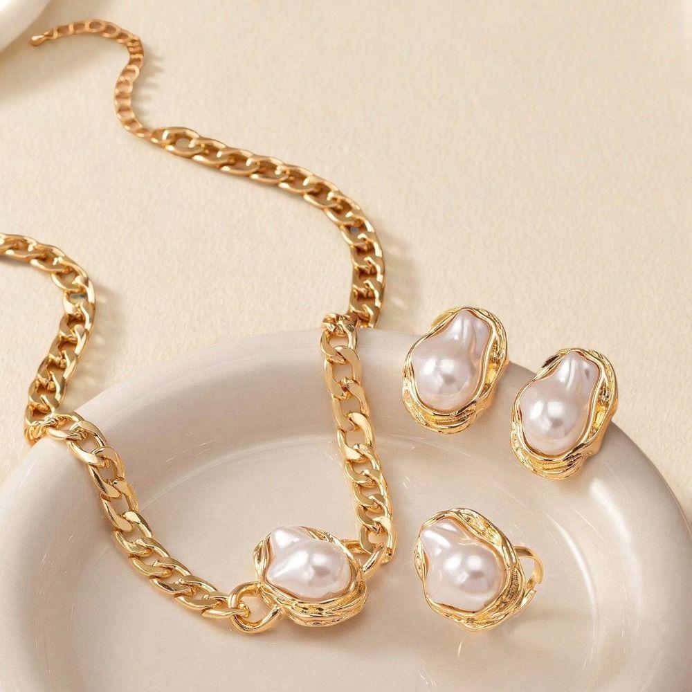 5Pcs Irregular Vintage Jewelry Suit Pearl Necklace Bracelet Ring Suit Clavicle Chain Set  Girls
