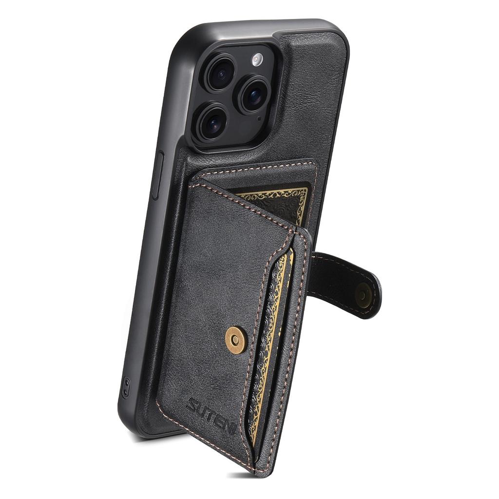 SUTENI M4 For iPhone 13 Pro Magnetic Case with Card Holder Cowhide Texture Leather Back Cover