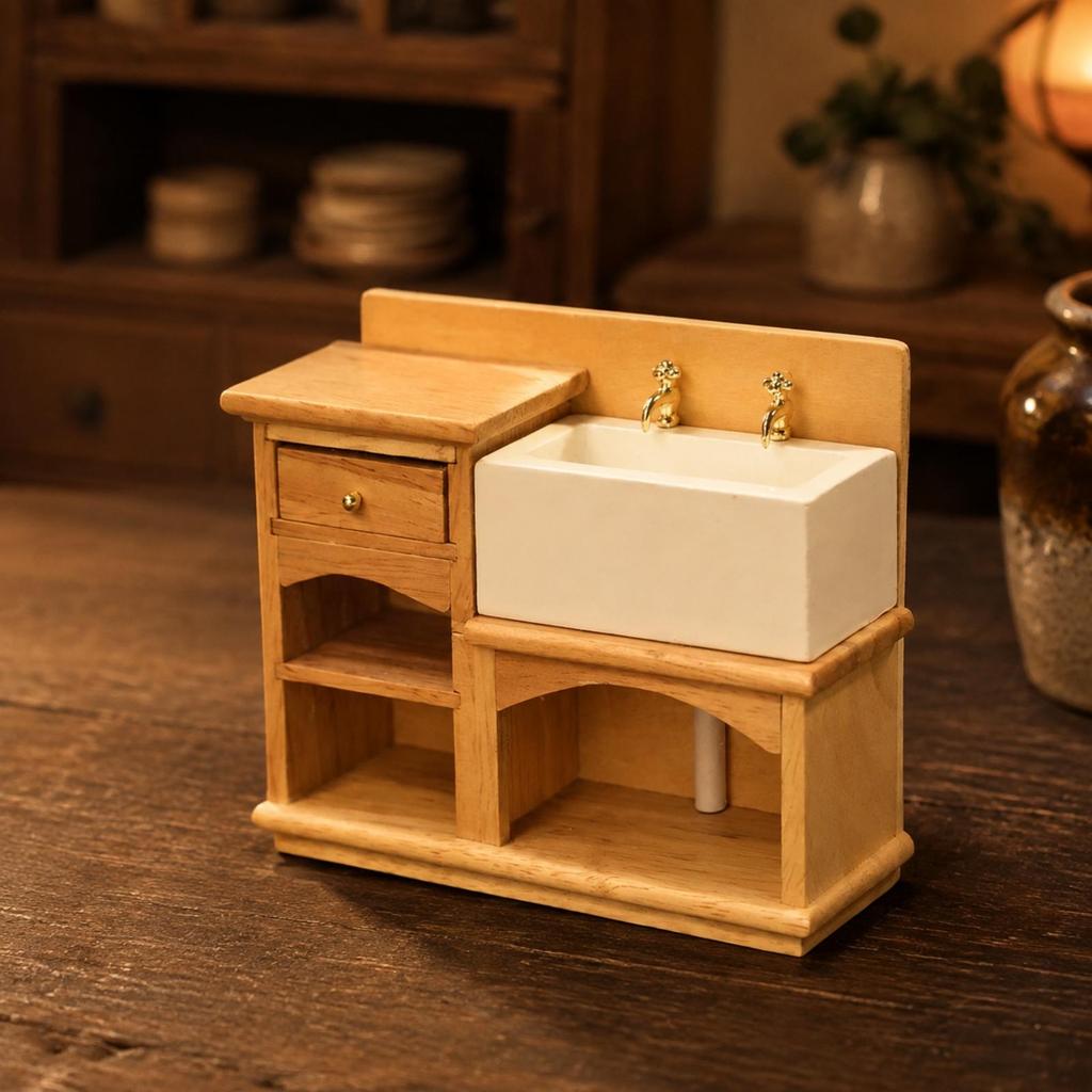 1:12 Scale Wooden Vanity with Sink Wood Finish Miniature Drawer and Shelving Realistic