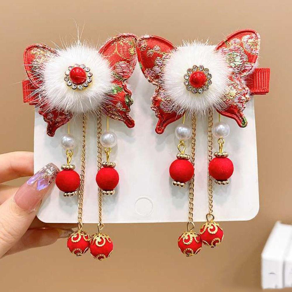 2pcs Tassel Children Hair Clips Chinese Style Red Bow Hairpin Hair Accessories Wig Braid Hairpin