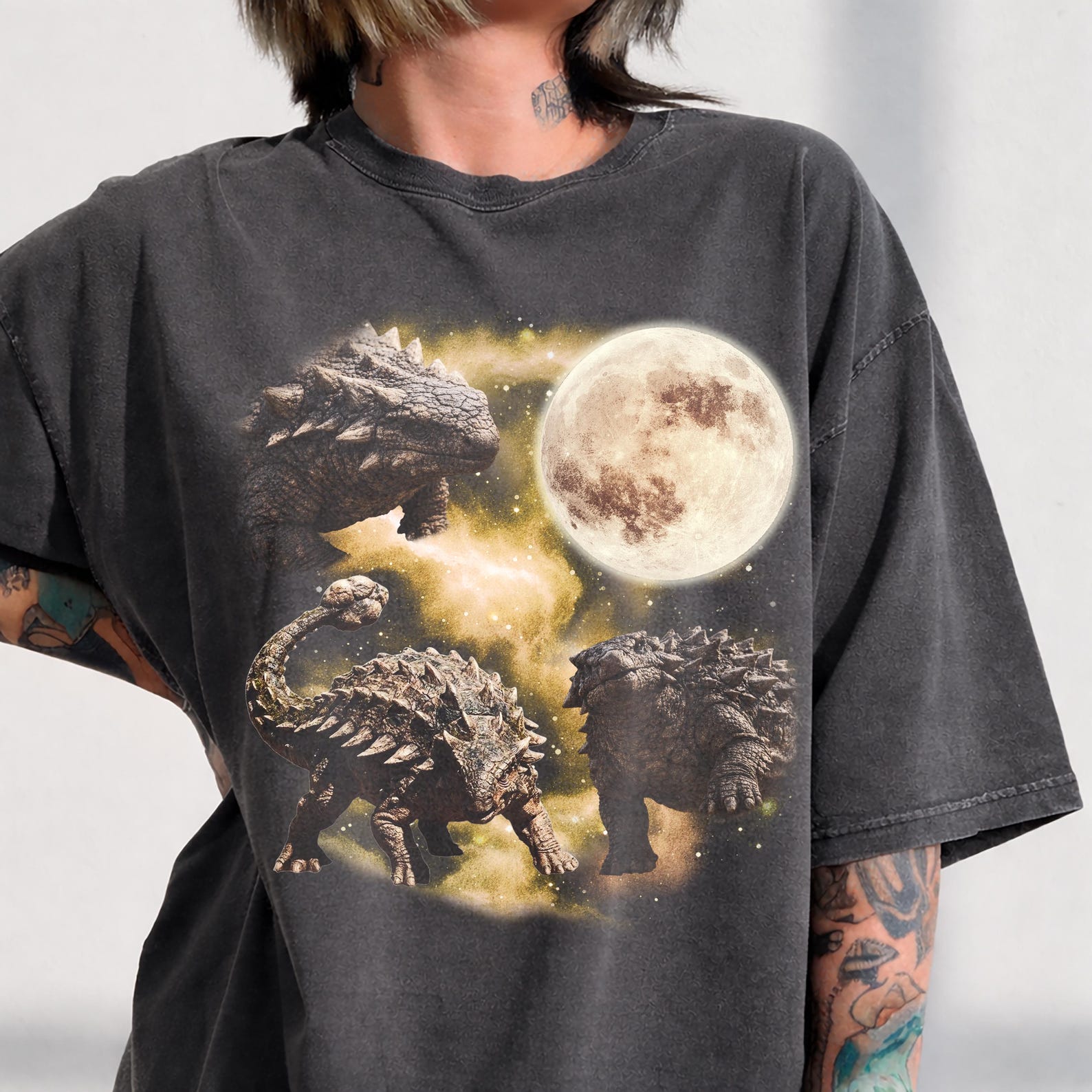 Three Ankylosaurus Celestial T-Shirt, Vintage Spike Dinosaur Graphic Tee 2XL