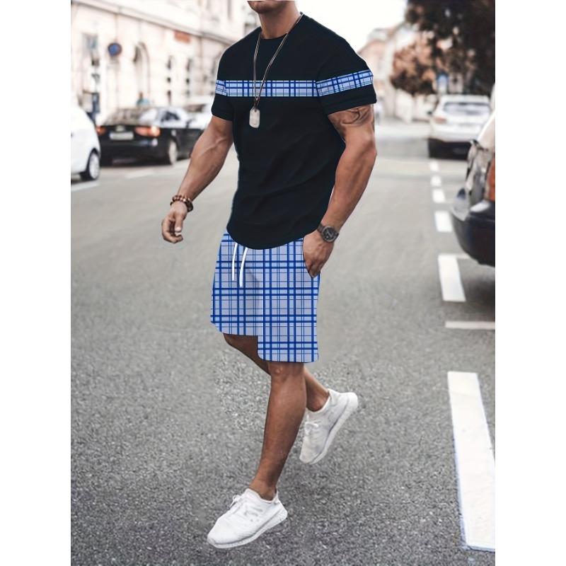 Digitaltryckt Sommar Rutigt Mönster Herr Casual Tvådelat Set, Rundhalsad Kortärmad T-shirt och Shorts med Dragsko och Fickor