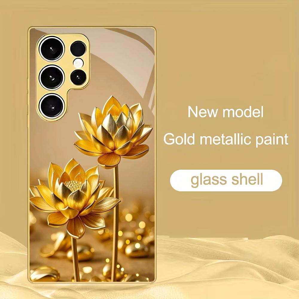 

Golden lotus design electroplated glass phone case suitable for Samsung Galaxy S26 S25 S24 S22 S21 S20 FE/Ultra/Plus anti drop GalaxyS25