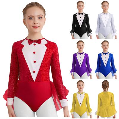 Dívčí jazzový taneční kostým Třpytivé flitrové živůtek Tylová sukýnka Leotard Dlouhý rukáv Zadní neviditelný zip Body