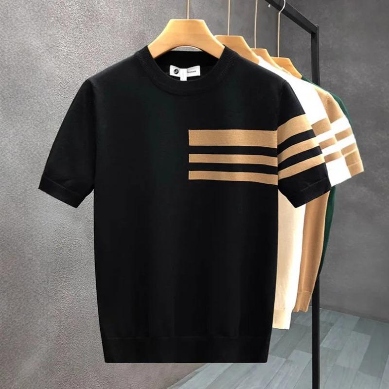 Korean Style Summer Fashion Men's Striped Color O Neck Short Sleeve Breathable Casual Trendy T Shirts