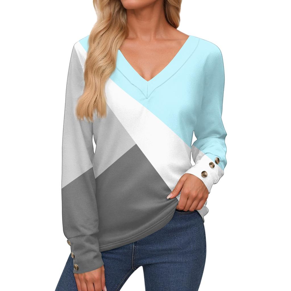 Women's Tops Long Sleeves Cuffs Button Shirt V Neck Casual Loose Tee Plaid, Patchwork Color Tops