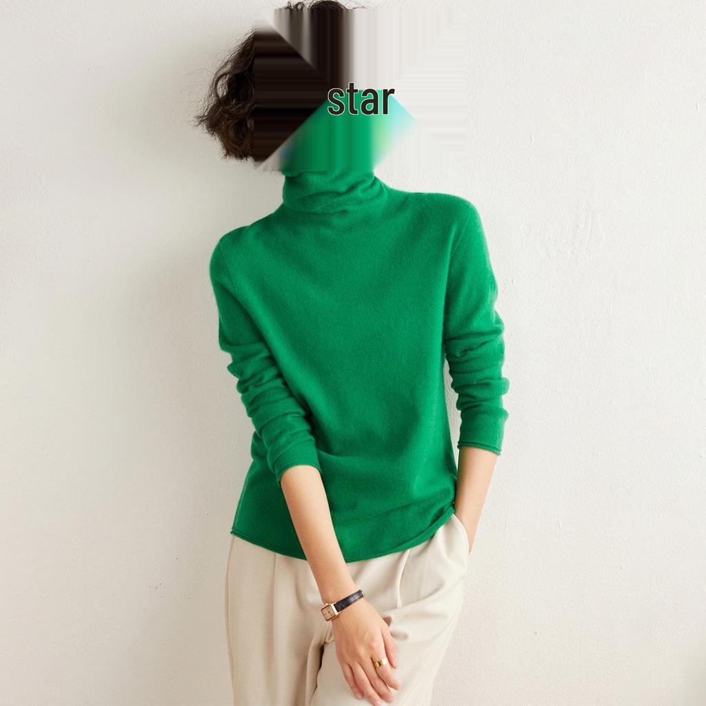 Women's Solid Color Cashmere High Neck Sweater - Loose Knit, Seamless Wool Base Layer
