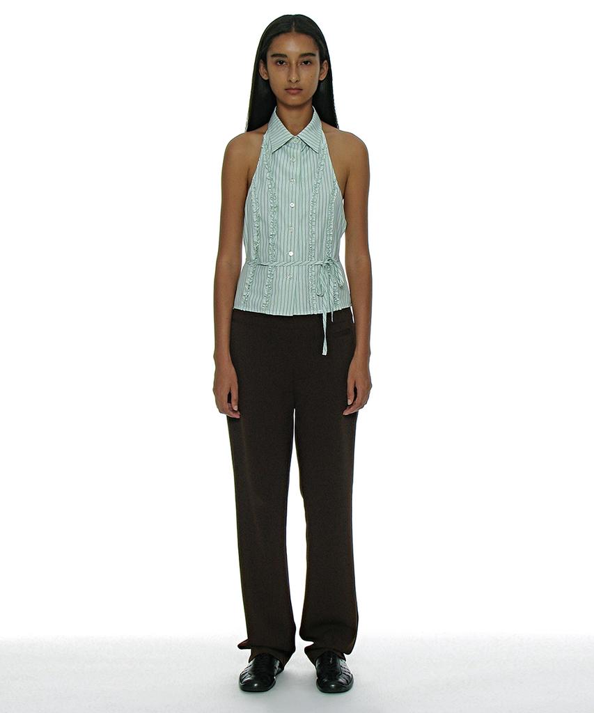 PARTIMENTO WOMEN Frill Trim Halterneck Shirt_Light Green