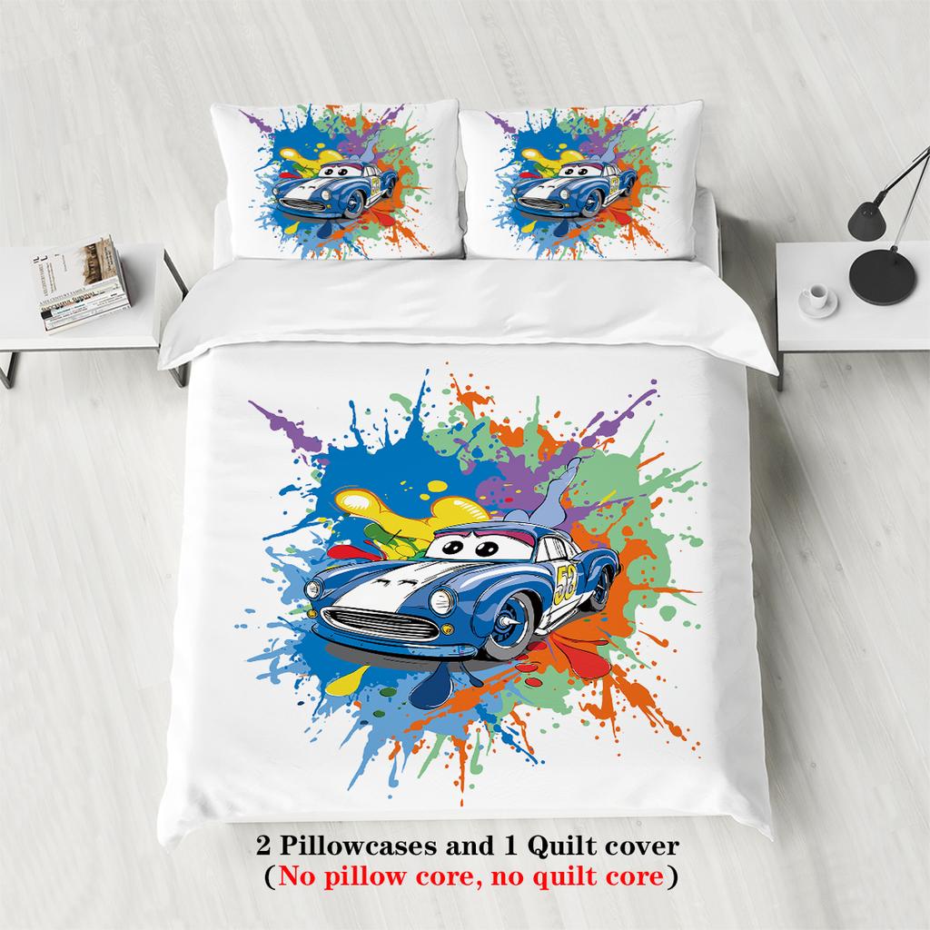 3-teiliger Daunenbettbezug mit Cartoon-Rennmusterdruck (1 Bettbezug+2 Kissenbezüge, ohne Füllung) Bettwäsche-Set