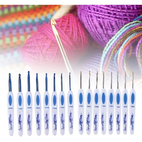 Crochet Hooks Needles for Arthritic Hands, 16 Piece Set Extra-Long Chinese Style Crochet Hook Set Ergonomic Soft Grips Knitting Hook Metal Crochet
