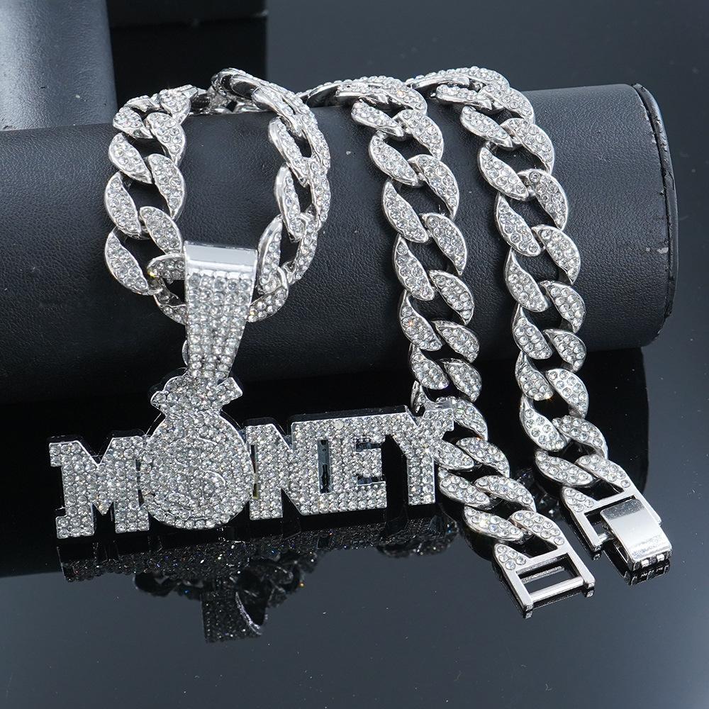 New Men's Full Diamond Chain Hip Hop Style Personalized English MONEY Pendant Necklace