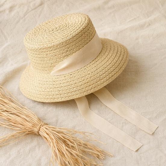 Children Straw Hat, Ribbon Bowknot Decor Wide Brim Beach Hat, Furry Trim Round Shape Summer Hat for Outdoor Play Travel