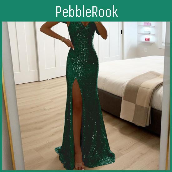 Dress Shoulder Evening Lady Off V Neck Side Slit Floor Length Sequin