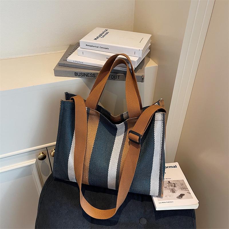 Women's Large Capacity Striped Canvas Tote Bag - Casual Shoulder Handbag