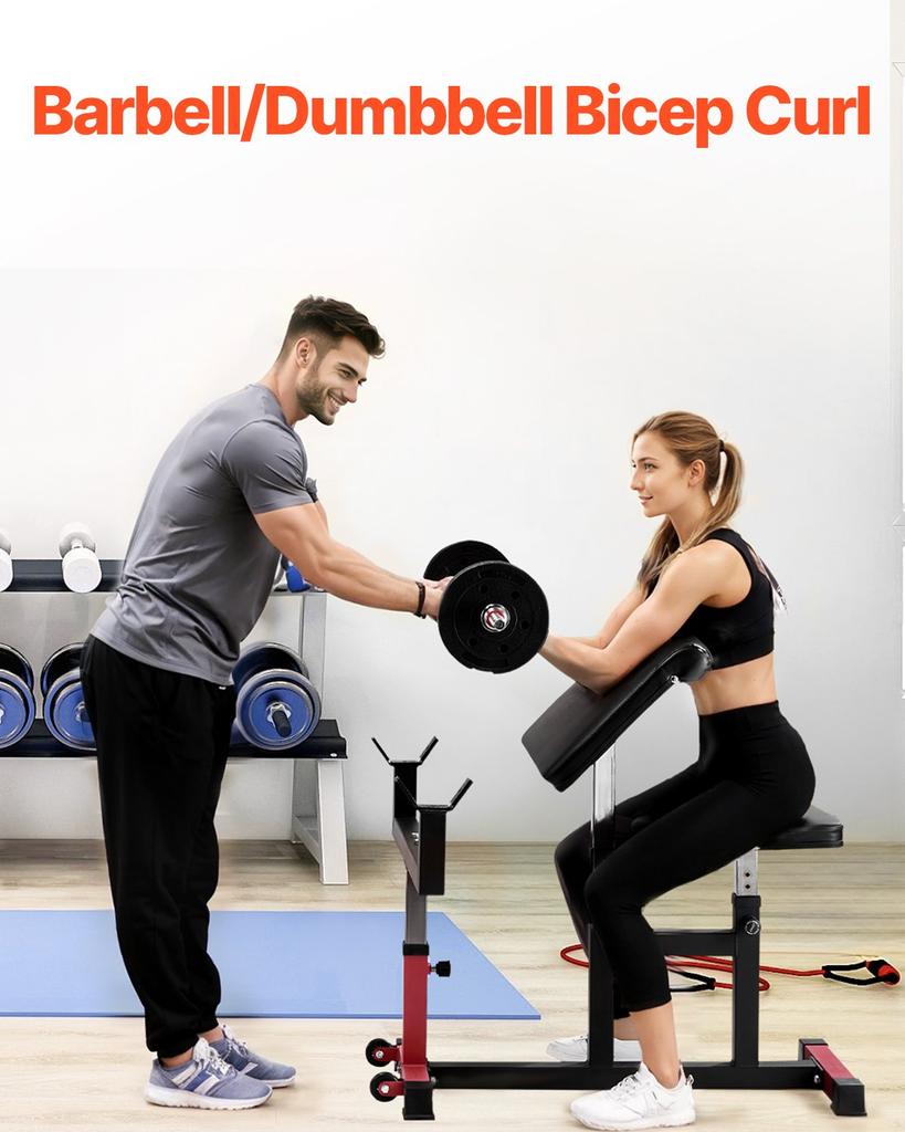 VEVOR Preacher Curl Bench, Strength Training Biceps Machine, Max Load 440 LBS Home Gym Equipment, Seated Arm Isolated Barbell Dumbbell Bicep Station